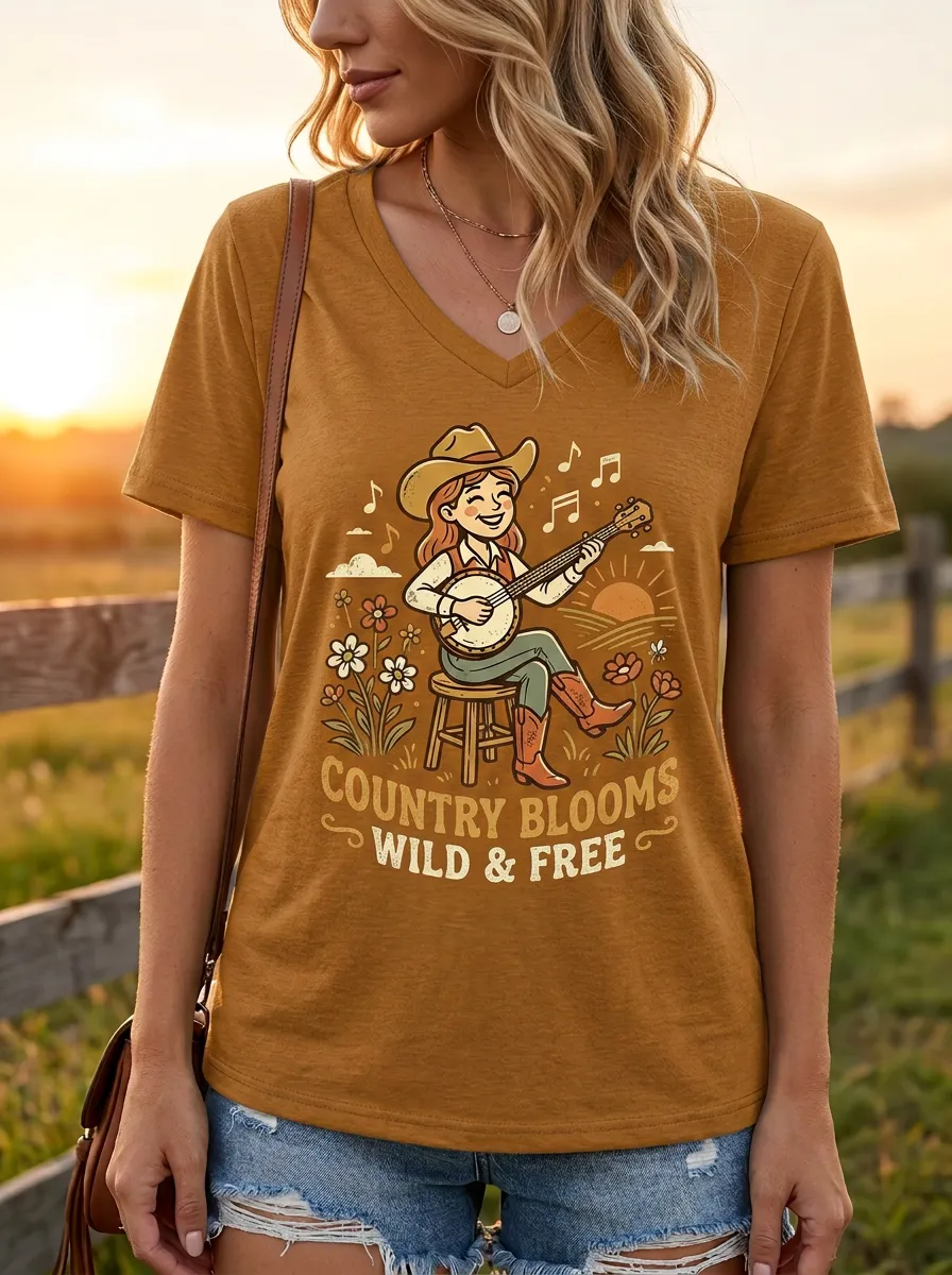 Floral Women's Country Music V-Neck T-Shirt
