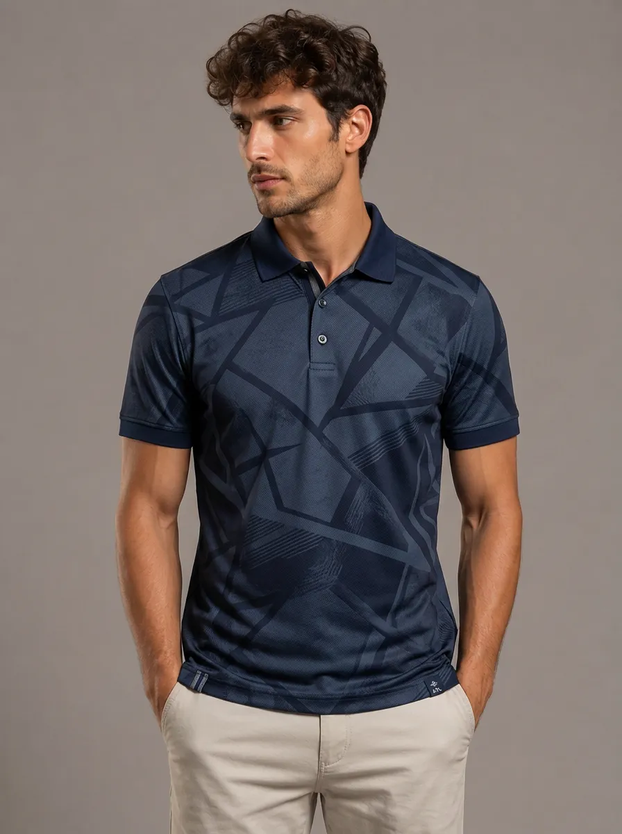 Men's Geometric Print Short-Sleeve Polo Shirt with All-Over geometric print with varying line textures