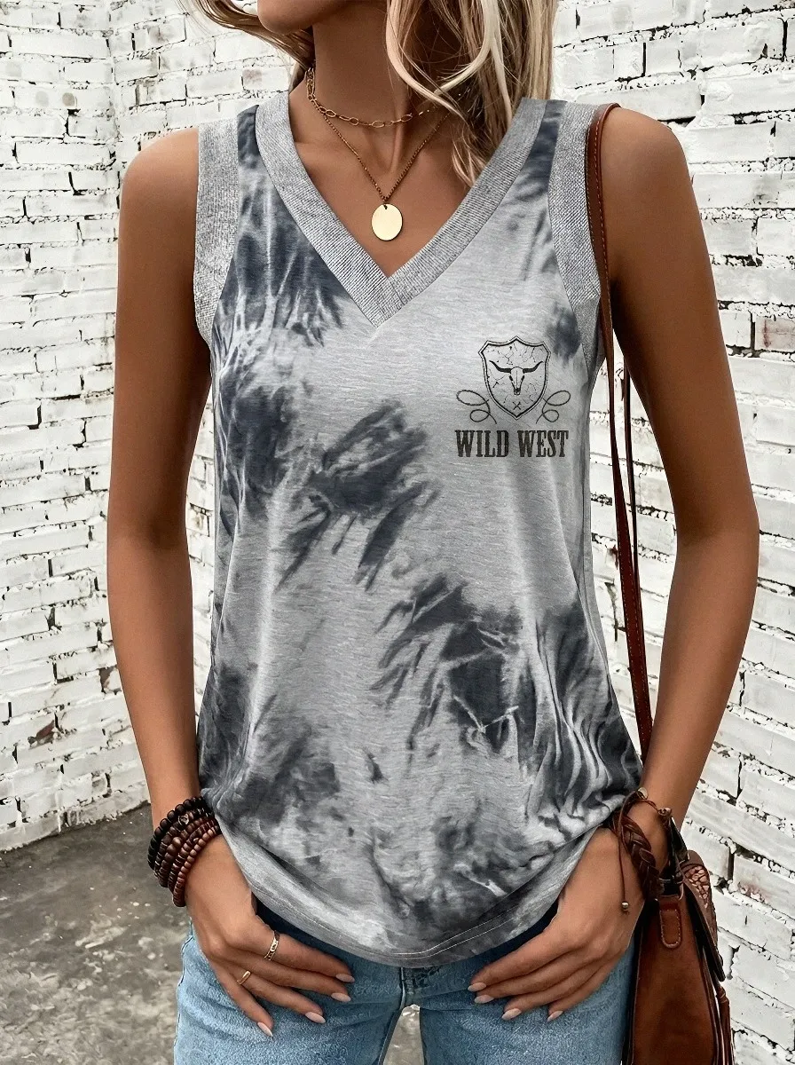 Women's Wild West Cow Skull Tie-Dye Printed Tank Top
