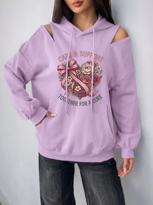 Women's Breast Cancer Awareness Floral Heart Ribbon Printed Cold Shoulder Hoodie