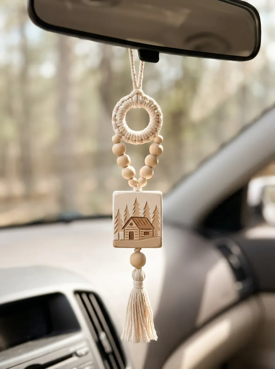 Wooden House Rearview Mirror Hanging Ornament