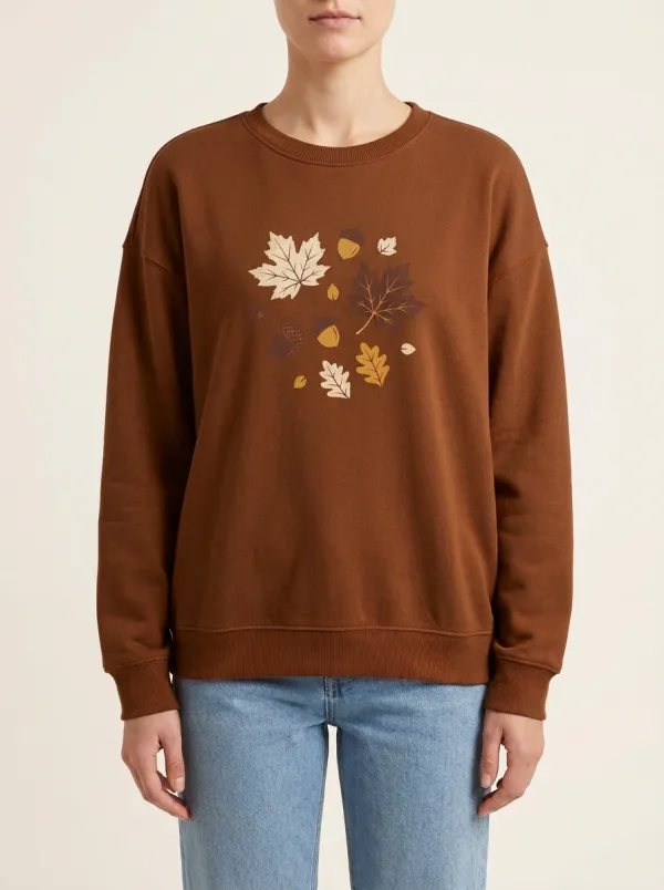 Textured Style Maple-Leaf Printed Acorn Graphic Sweatshirt