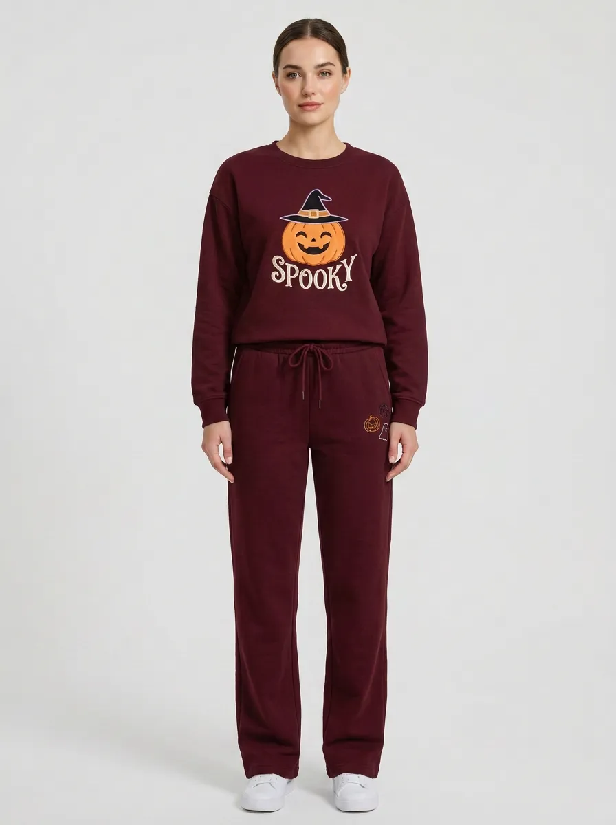 Women's Halloween Spooky Pumpkin Witch Hat Printed Tracksuit