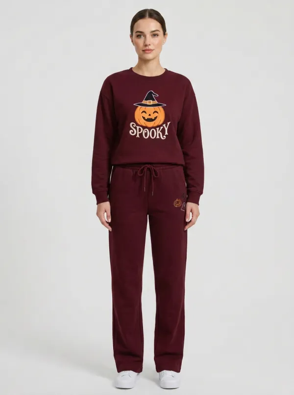 Women's Halloween Spooky Pumpkin Witch Hat Printed Tracksuit