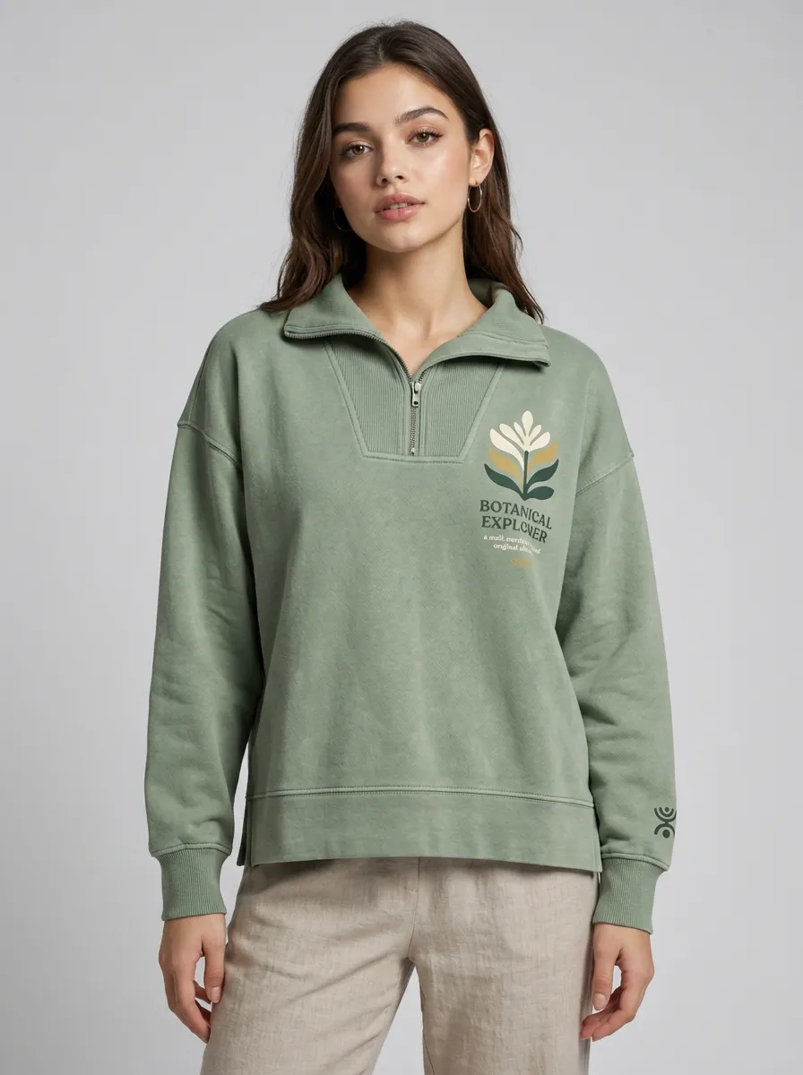 Women's Nature Lover Botanical Explorer Printed Quarter Zip Sweatshirt