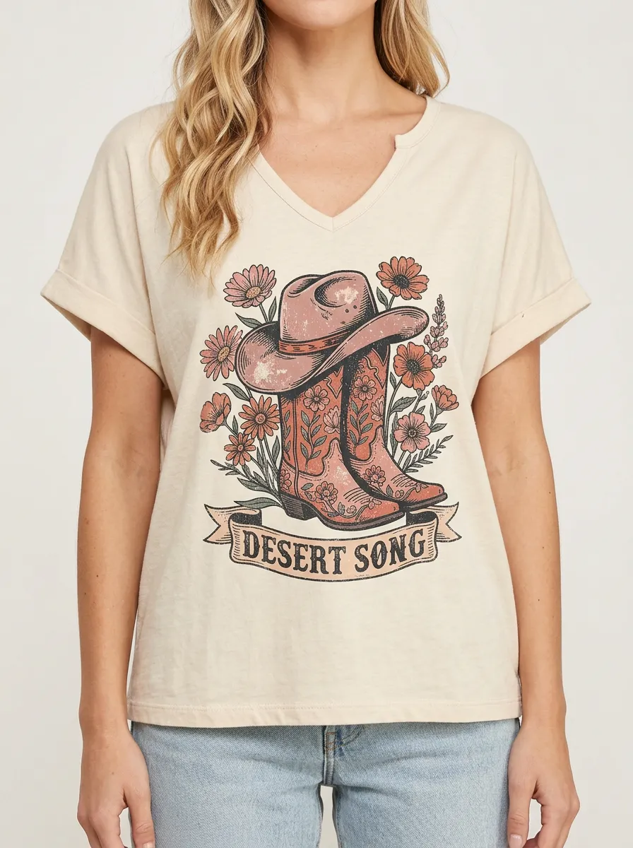 Cowboy-Boot Floral Desert Desert-Song Western V-Neck T-Shirt