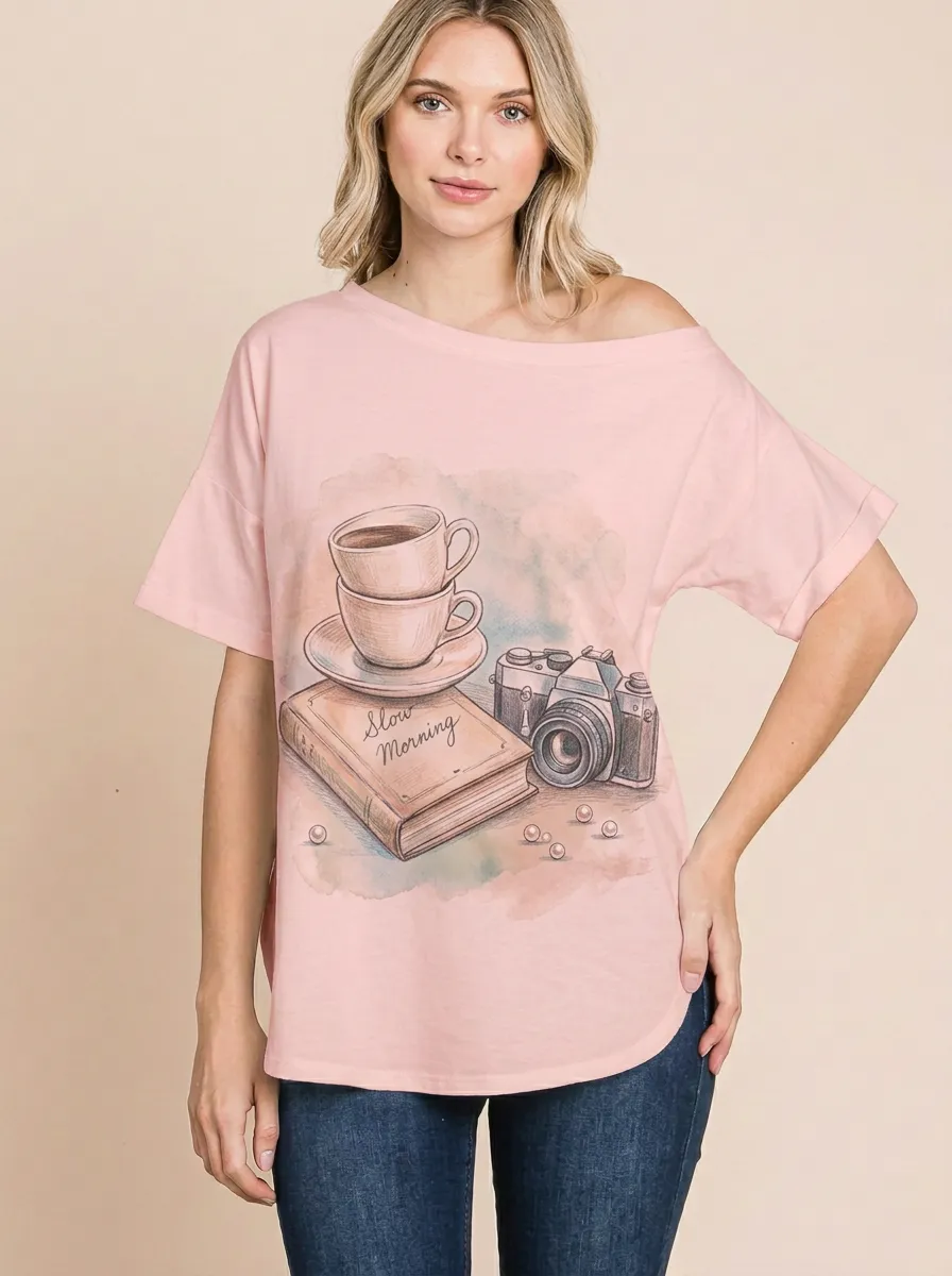 Women's Coffee Book Camera Lover Slow Morning Printed T-shirt