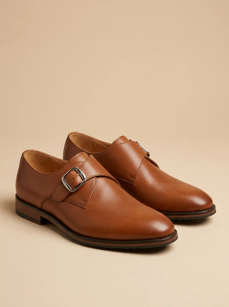 Men's Business Formal Geometric Pattern Embossed Leather Monk Strap Shoes