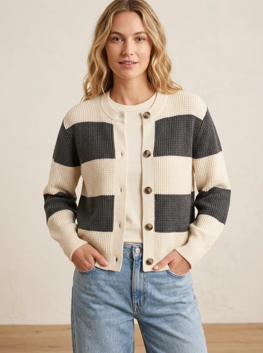 Everyday Rugby Striped Waffle Knit Cardigan