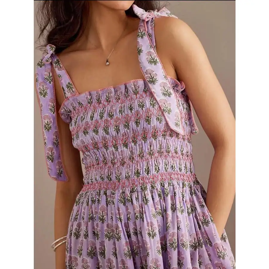 Smocked Tie-Shoulder Midi Dress