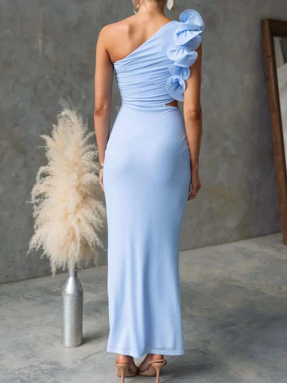 Ruched One-Shoulder Sleeveless Floral Maxi Dress