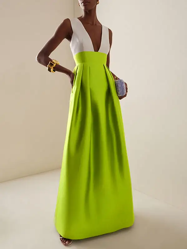 Deep Pleated Neck Maxi Dress