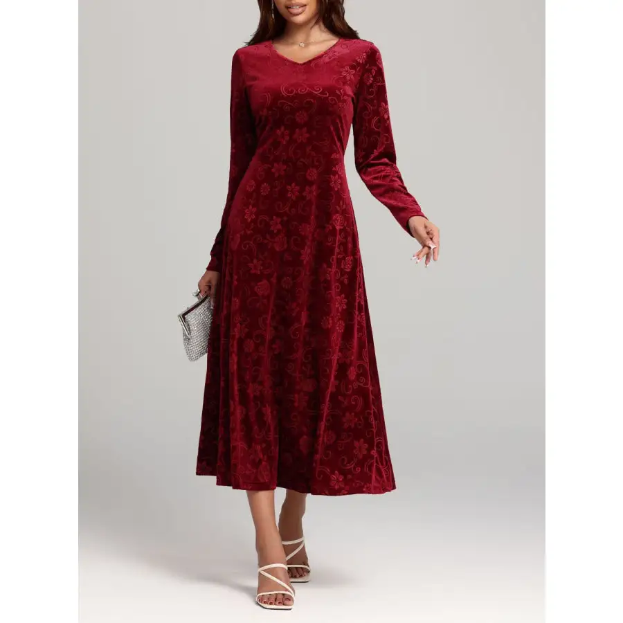 Flower V-Neck Long Sleeve Midi Dress
