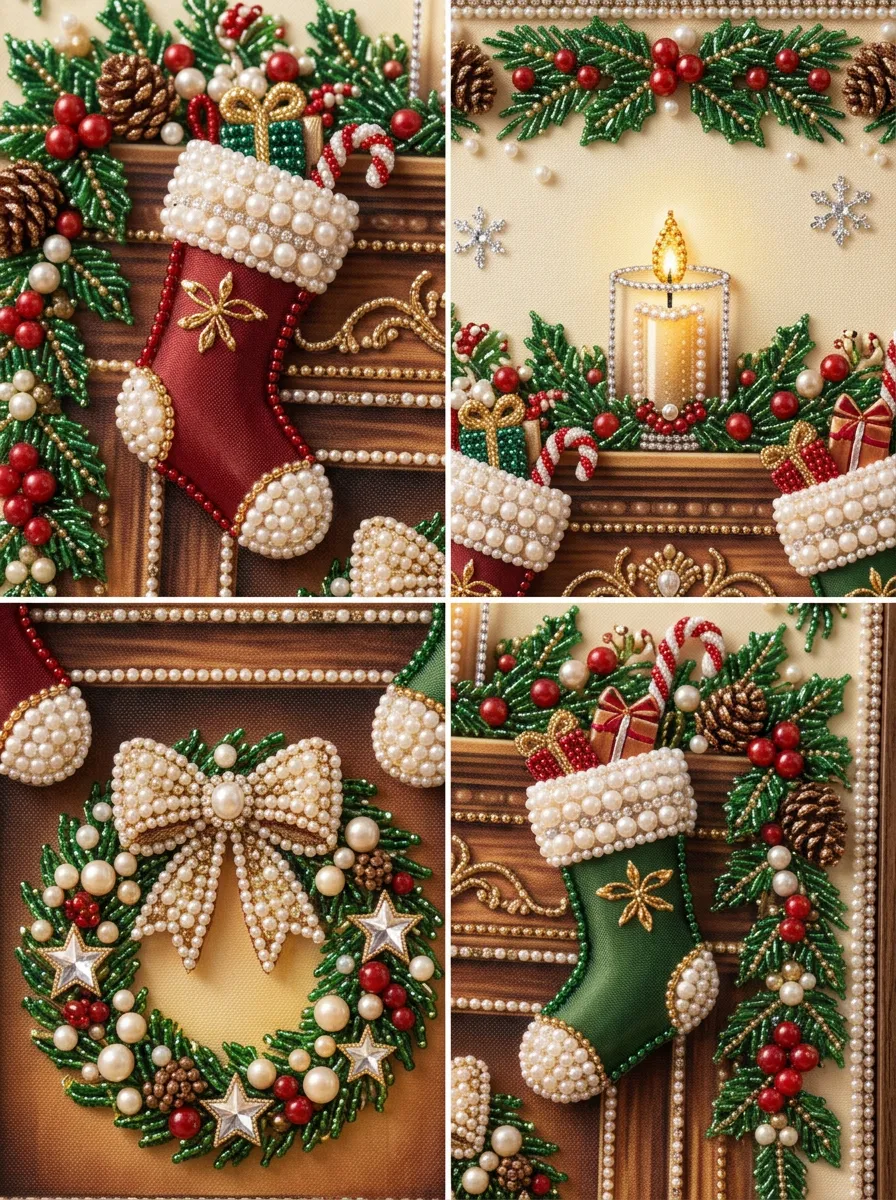 Christmas Fireplace Stockings Wreath Beaded Pearl Art Painting