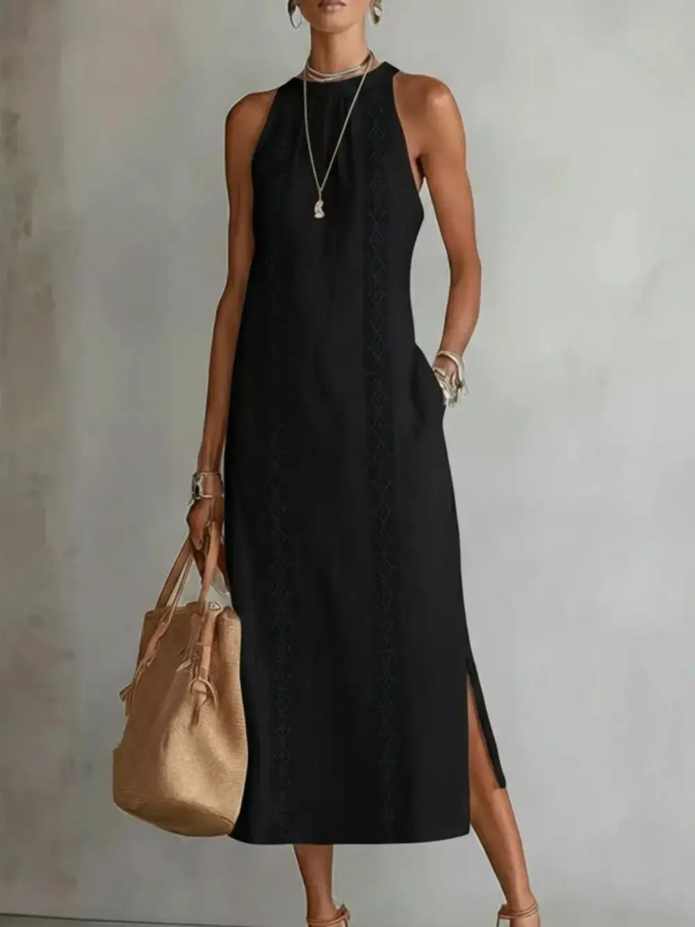 Sleeveless Lace Trim Midi Dress