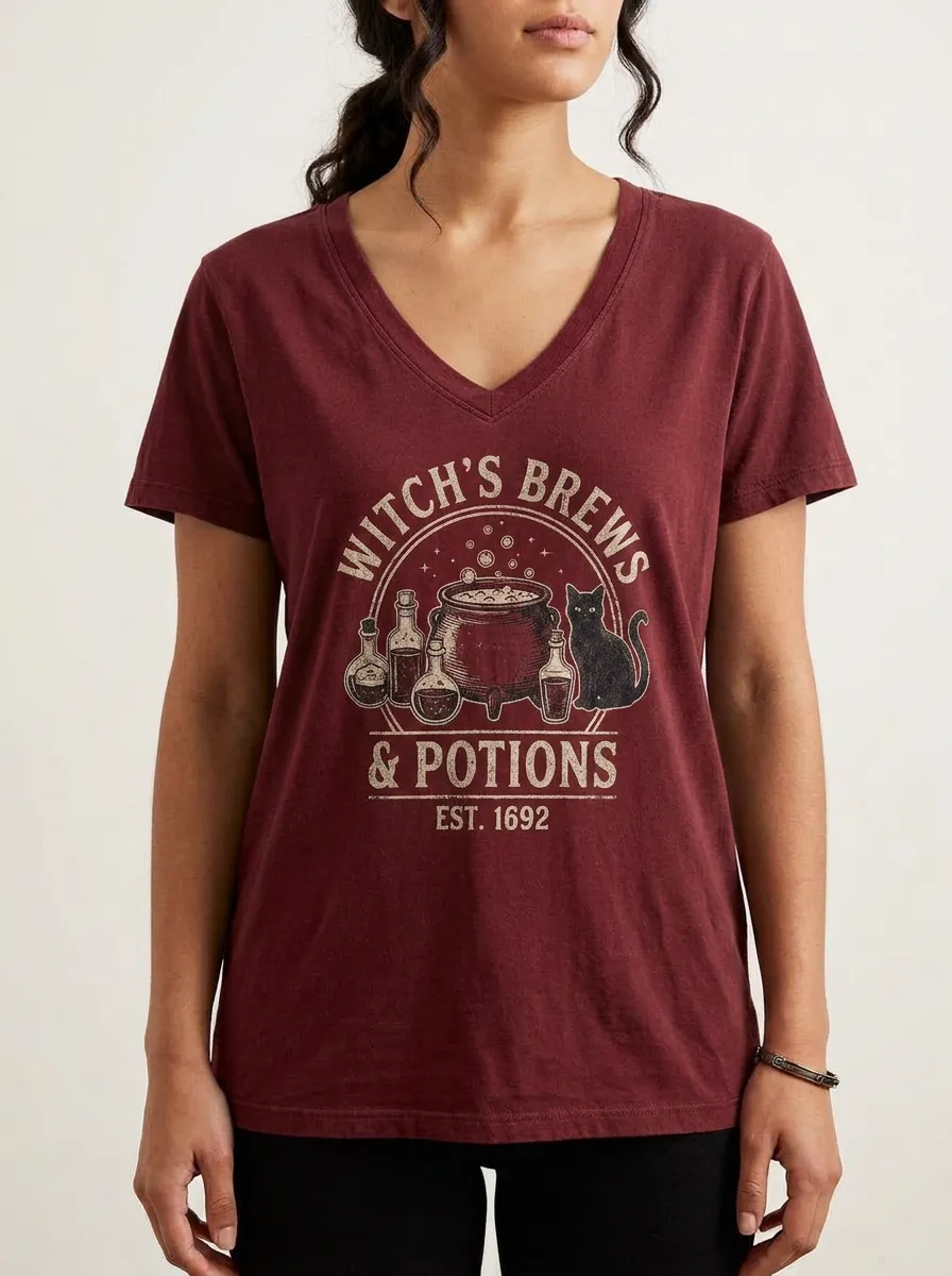 Women's Halloween Witch Brews Potions Black Cat Printed V-neck T-shirt