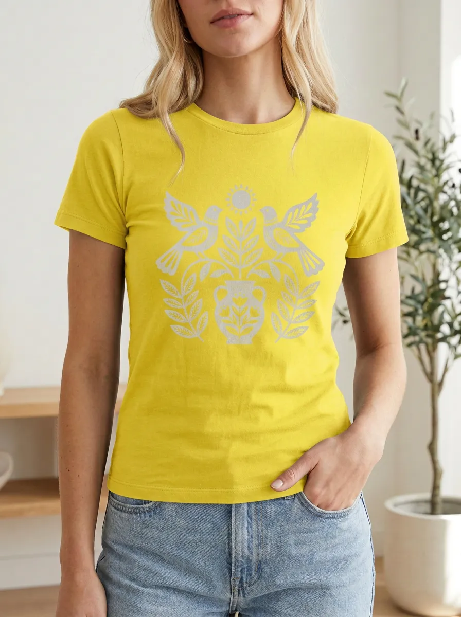Women's Folk Art Bird Floral Vase Printed T-shirt