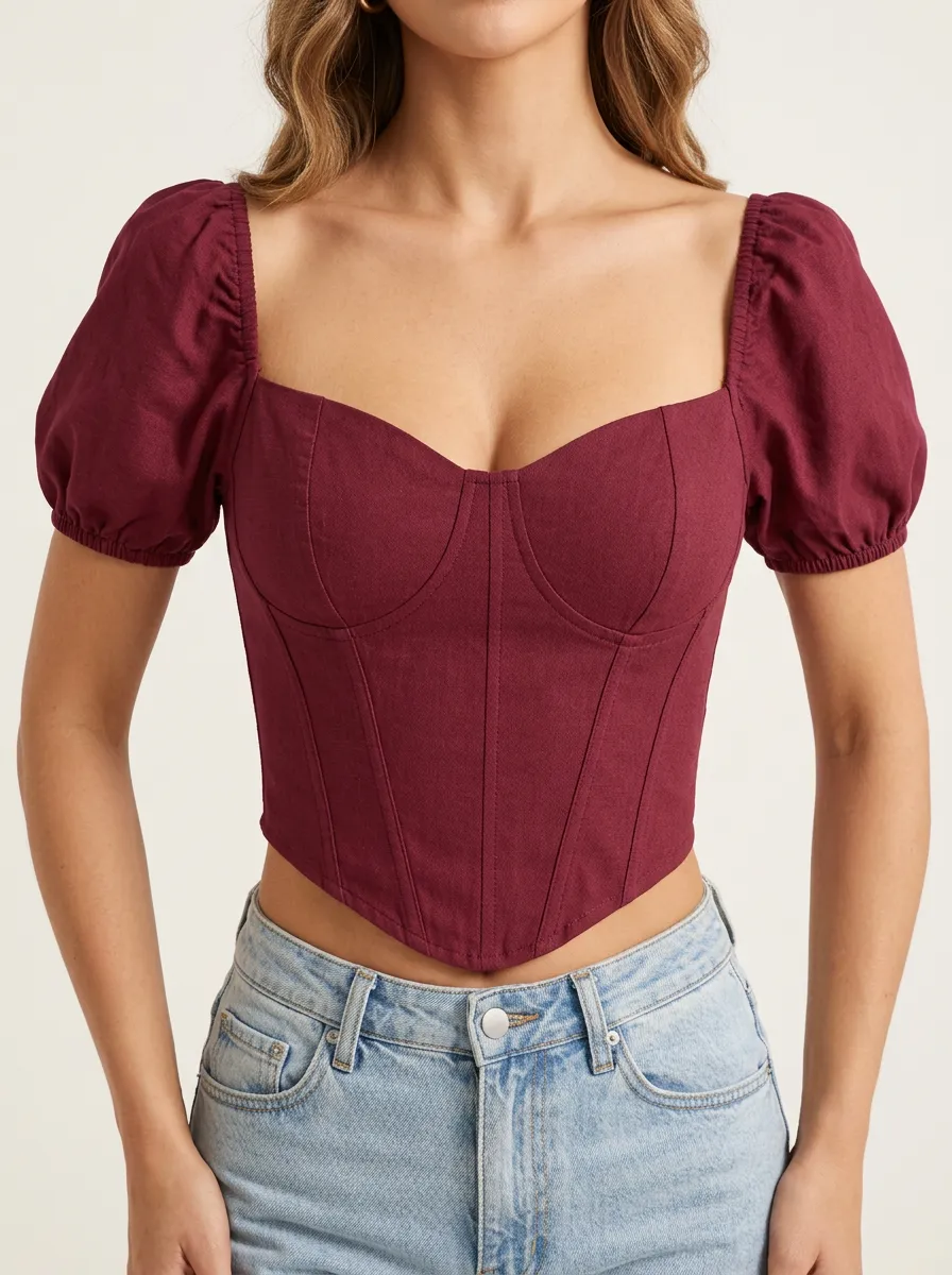 Puff-Sleeve Sweetheart-Neck Women's Corset Blouse