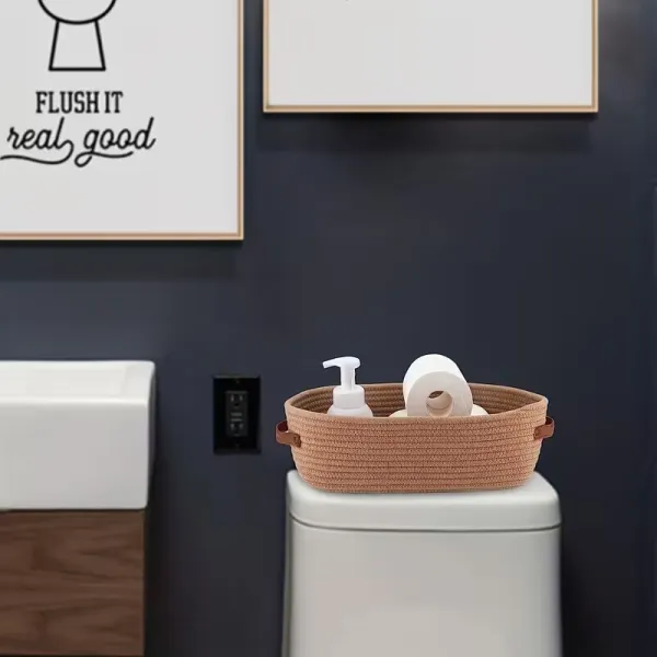 Woven Fabric Storage Basket with Leather Handles