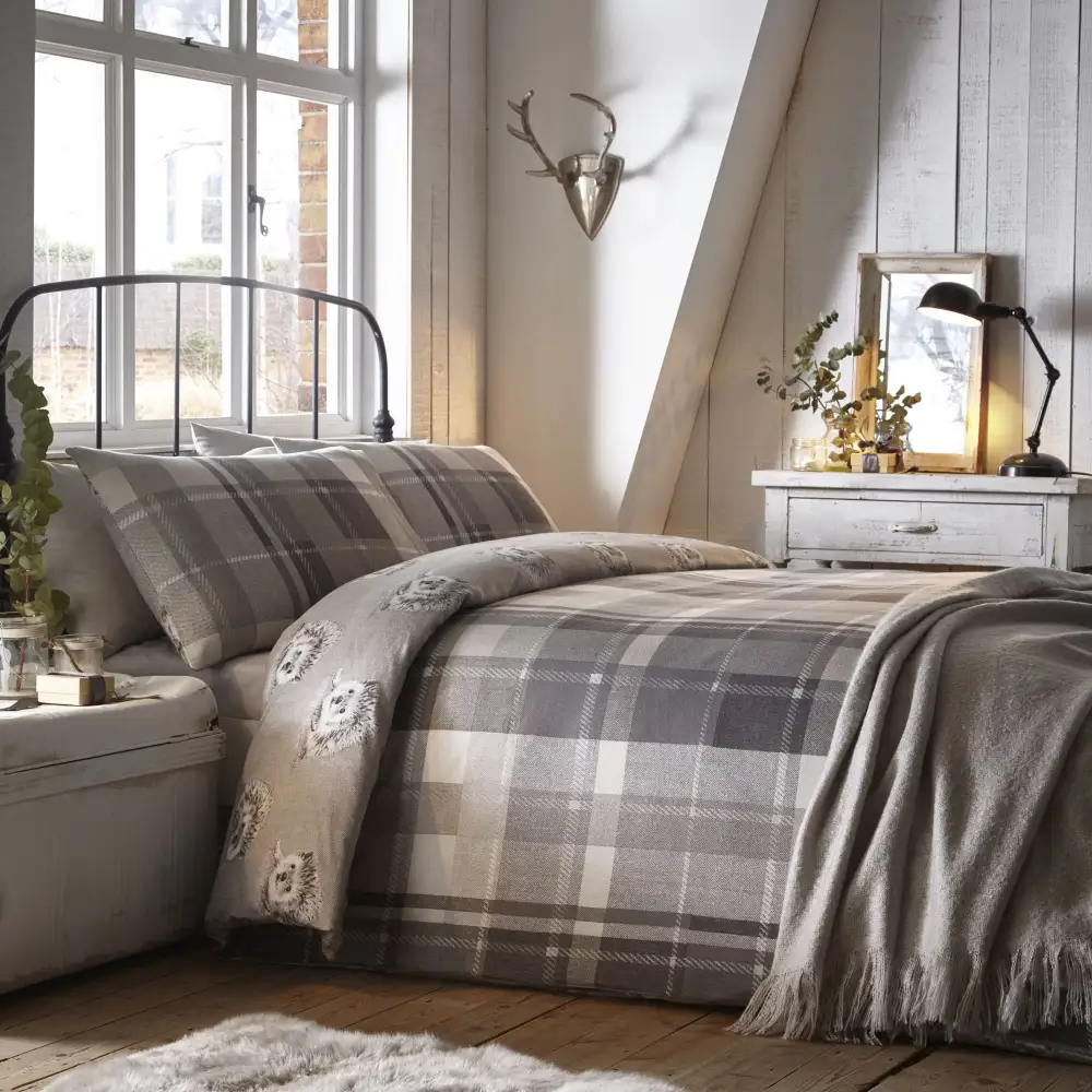 Softly Styled Bedroom Reversible Check Brushed Cotton Duvet Cover Set