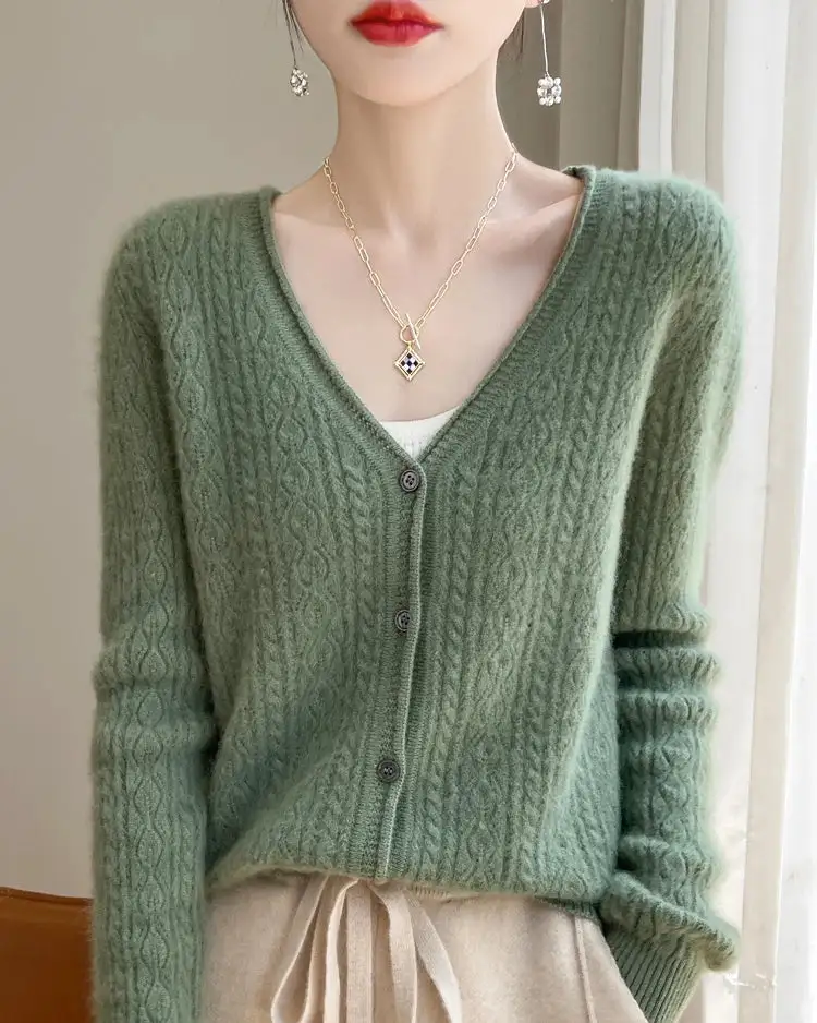 Merino-Wool Wool Button-Front V-Neck Cardigan