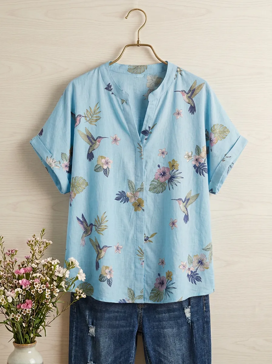 Hummingbird Hibiscus Nature Women's Loose Printed Blouse