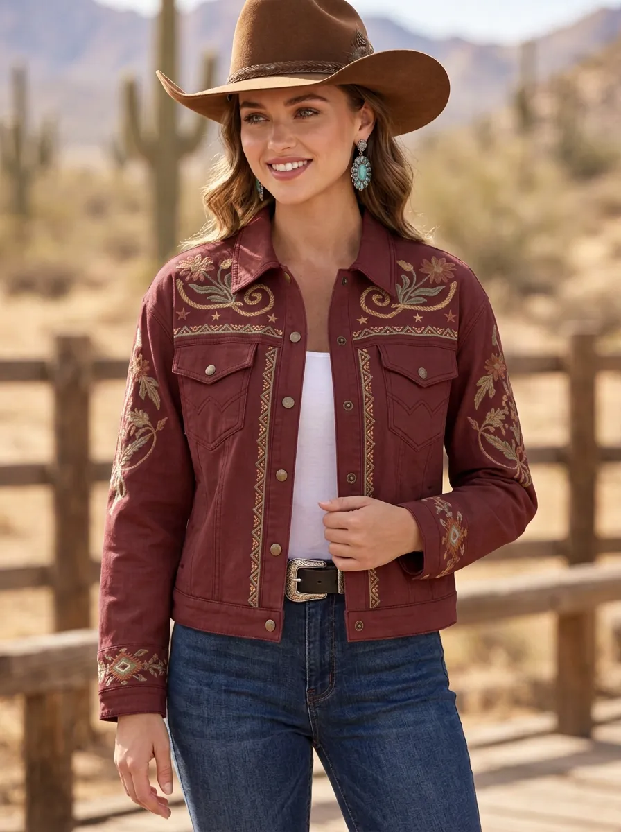 Women's Frontier Inspired Western Cowgirl Floral Embroidery Floral Embroidered Denim Jacket