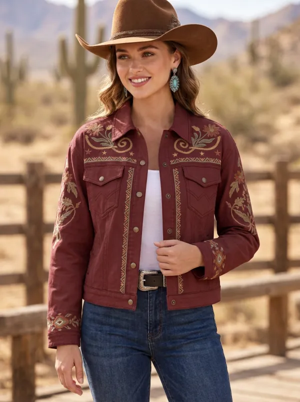 Women's Frontier Inspired Western Cowgirl Floral Embroidery Floral Embroidered Denim Jacket