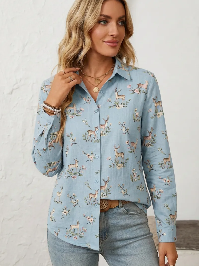 Deer Floral Nature Women's Loose Printed Shirt