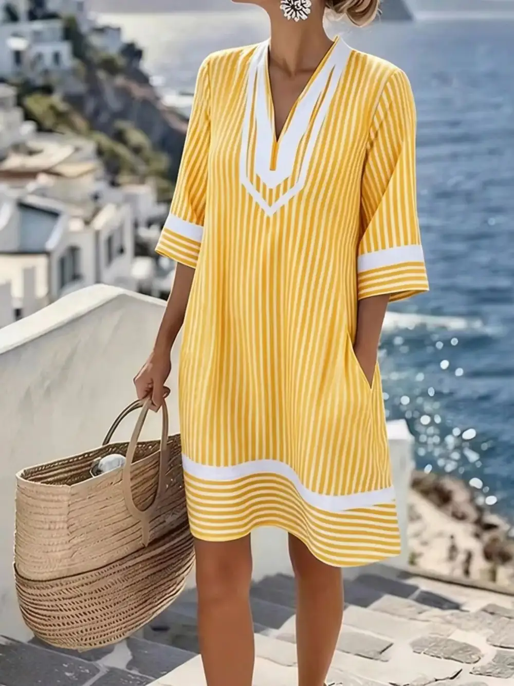 V-Neck Striped Casual Dress
