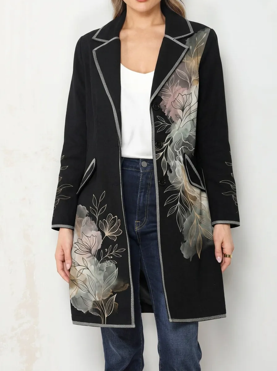 Women's Floral Watercolor Botanical Printed Long Blazer
