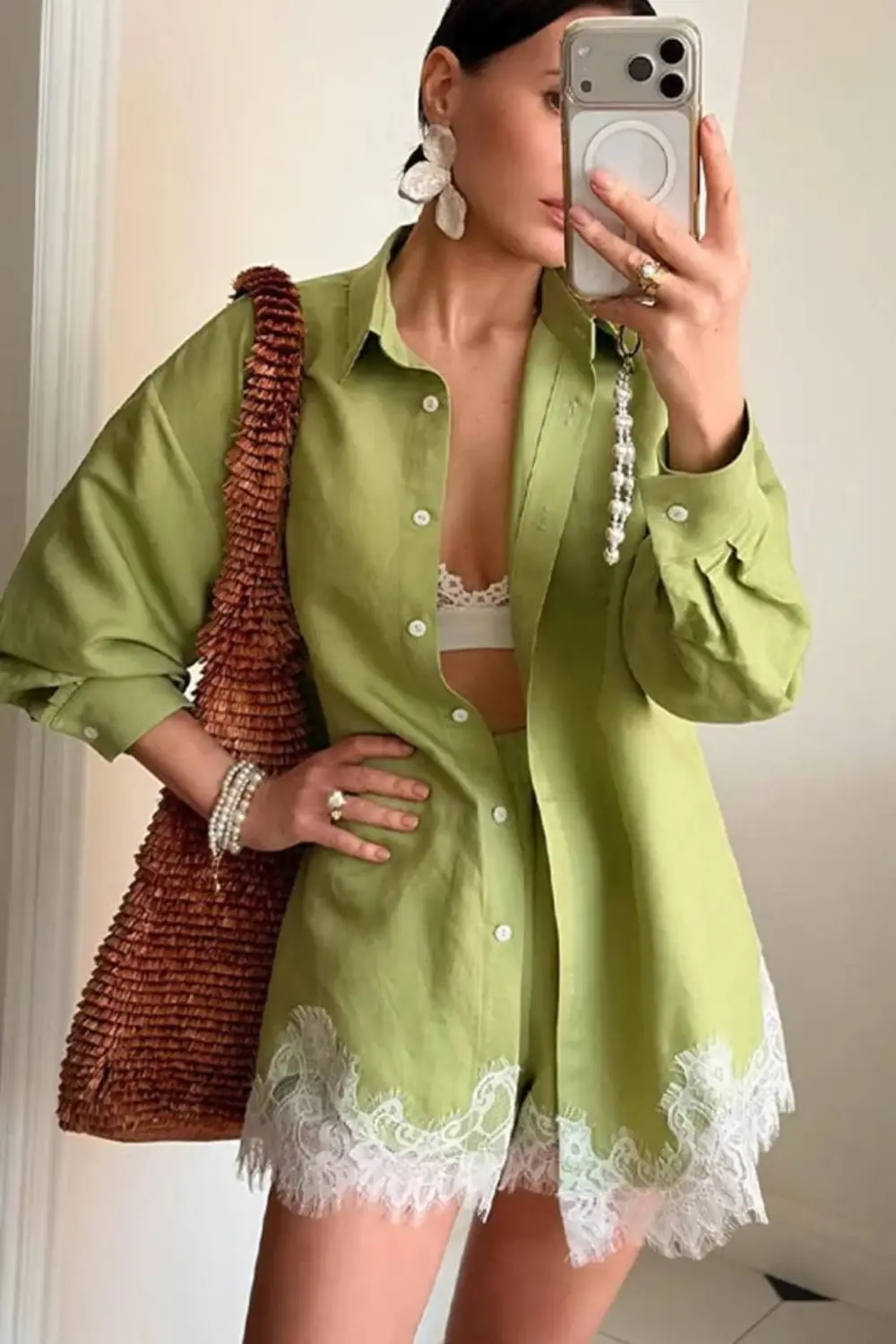 Emma Lapel Long-Sleeve Shirt & Lace-Paneled Shorts Set