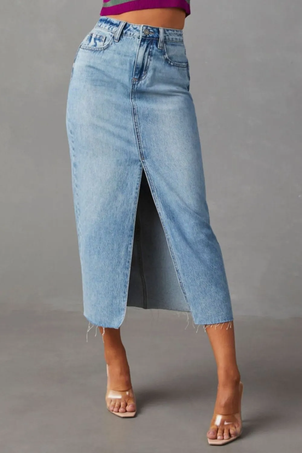 Slit Raw Hem Midi Skirt