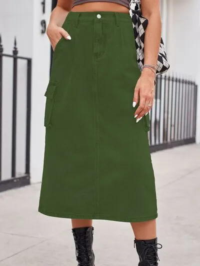 Relaxed Slit Buttoned Denim Pockets Skirt
