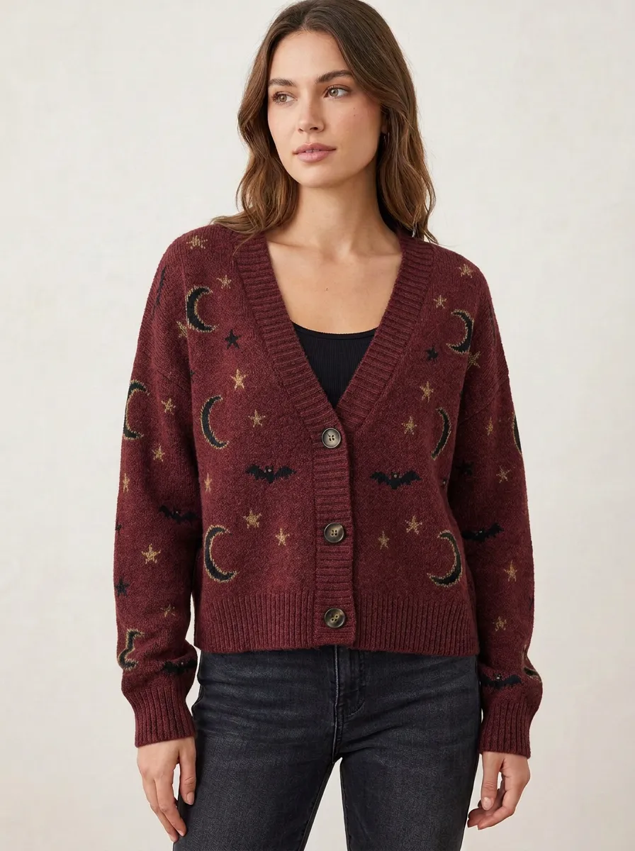 Women's Halloween Gothic Moon Star Bat Pattern Printed Cardigan