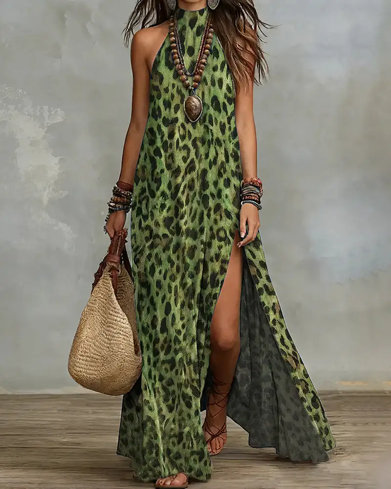 Wild Elegance Leopard Halter Maxi Dress with Side Slit
