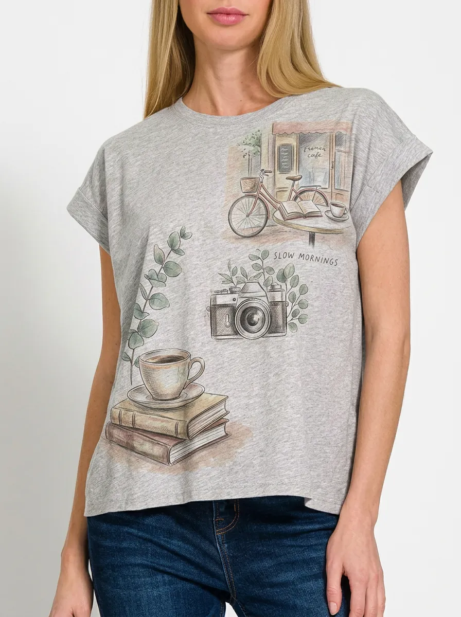 Women's Slow Mornings Coffee Camera Bicycle Printed T-shirt