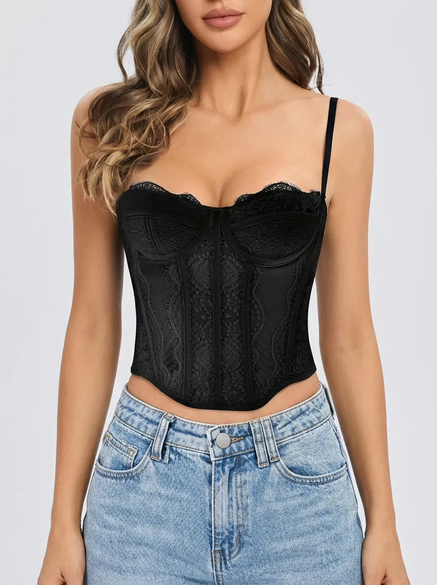 Lace-Trim Boned Satin-Look Women's Corset Top
