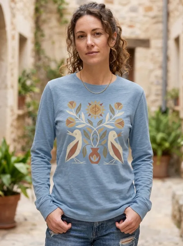 Women's Folk Art Bird and Floral Sun Printed Long Sleeve Top