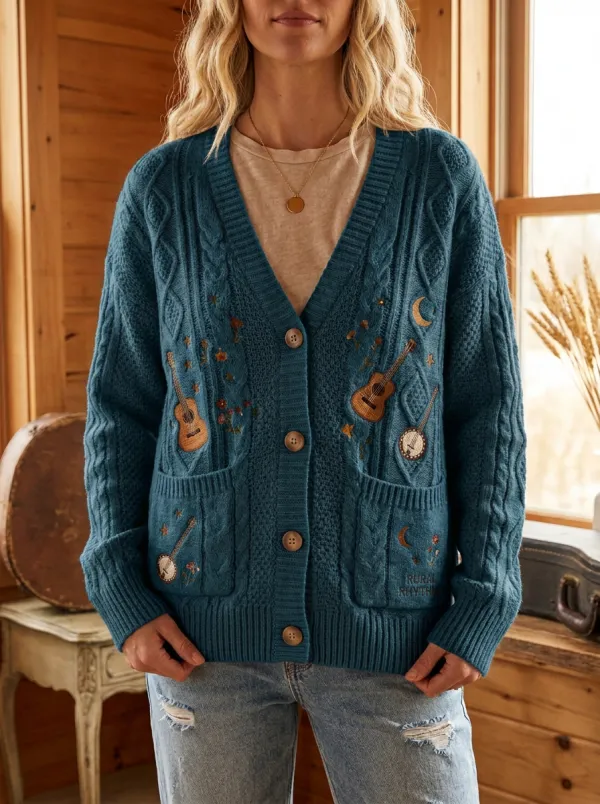 Guitar Banjo Embroidered Women's Country Music Casual Cardigan