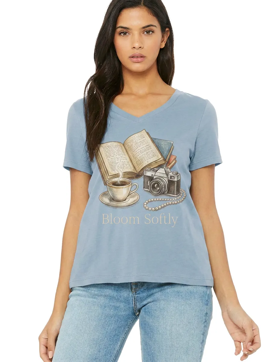 Women's Book Lover Coffee Camera Bloom Softly Printed V-neck T-shirt