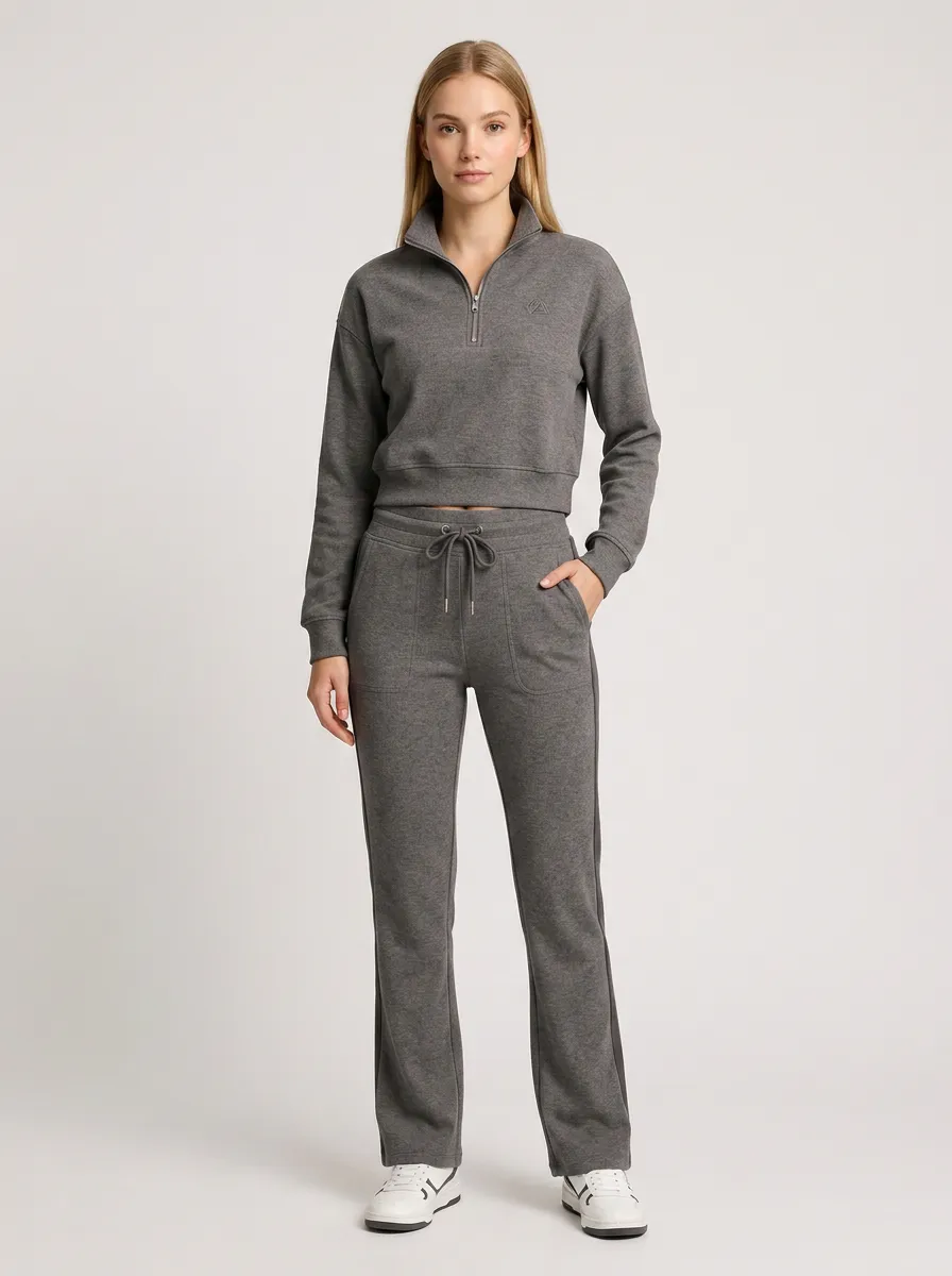 Women's Casual Sporty Grey Quarter-Zip Crop Top and Jogger Set