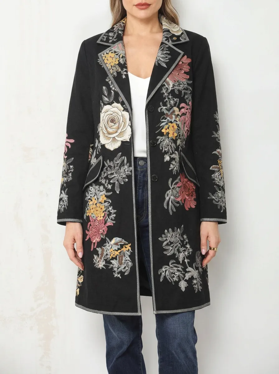 Women's Vintage Floral Botanical Embroidered Printed Long Coat