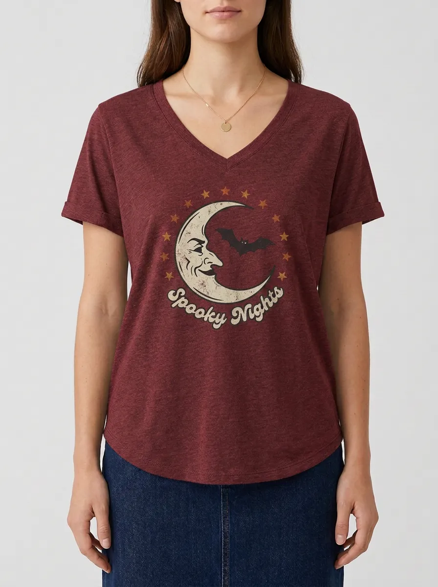 Women's Halloween Spooky Nights Moon Bat Stars Printed V-neck T-shirt