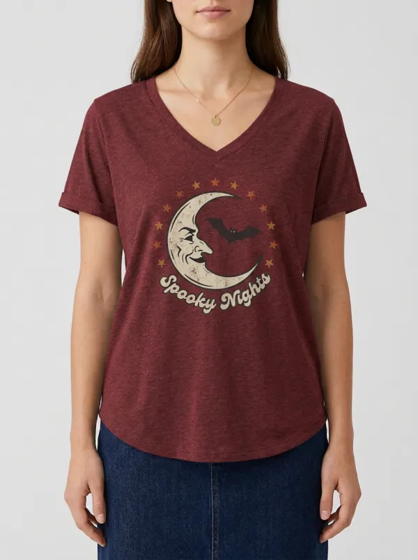 Women's Halloween Spooky Nights Moon Bat Stars Printed V-neck T-shirt