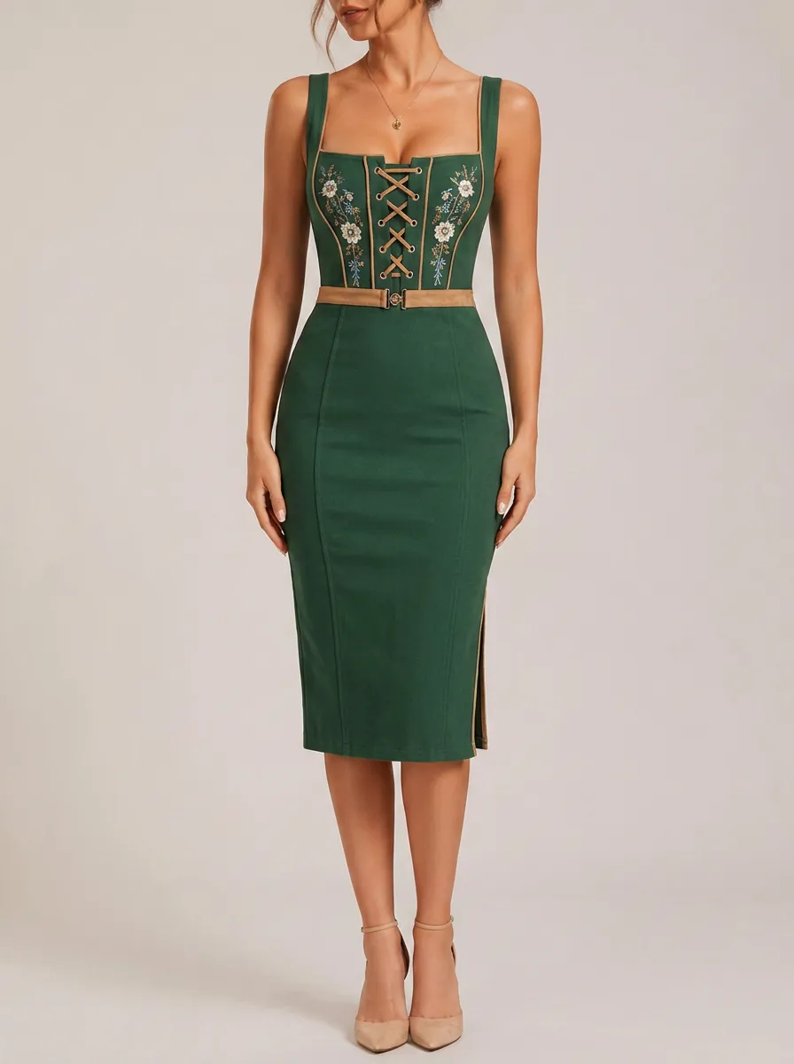 Women's Floral Embroidery Festival Bodycon Dress