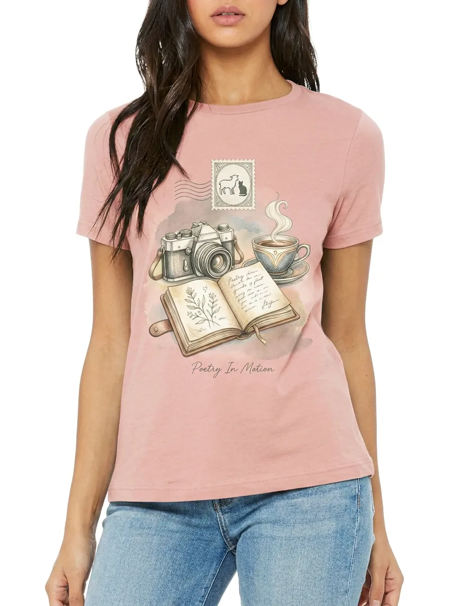 Women's Vintage Camera Coffee Book Stamp Printed T-shirt