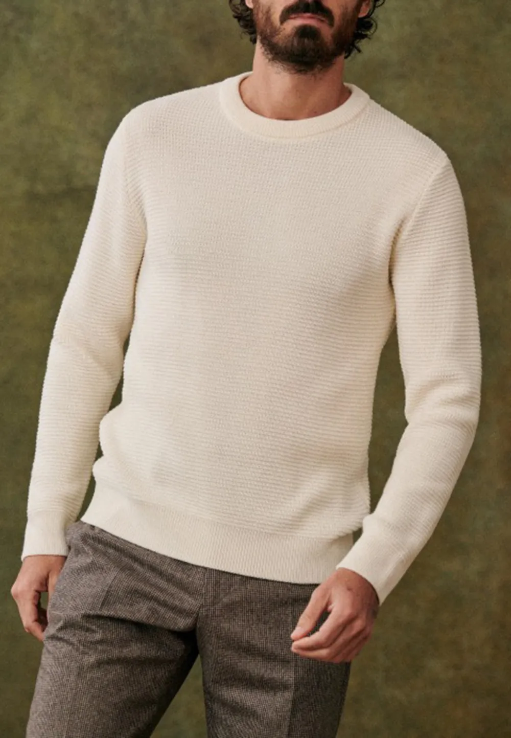 Ecru Waffle Knit Textured Crew Neck Sweater