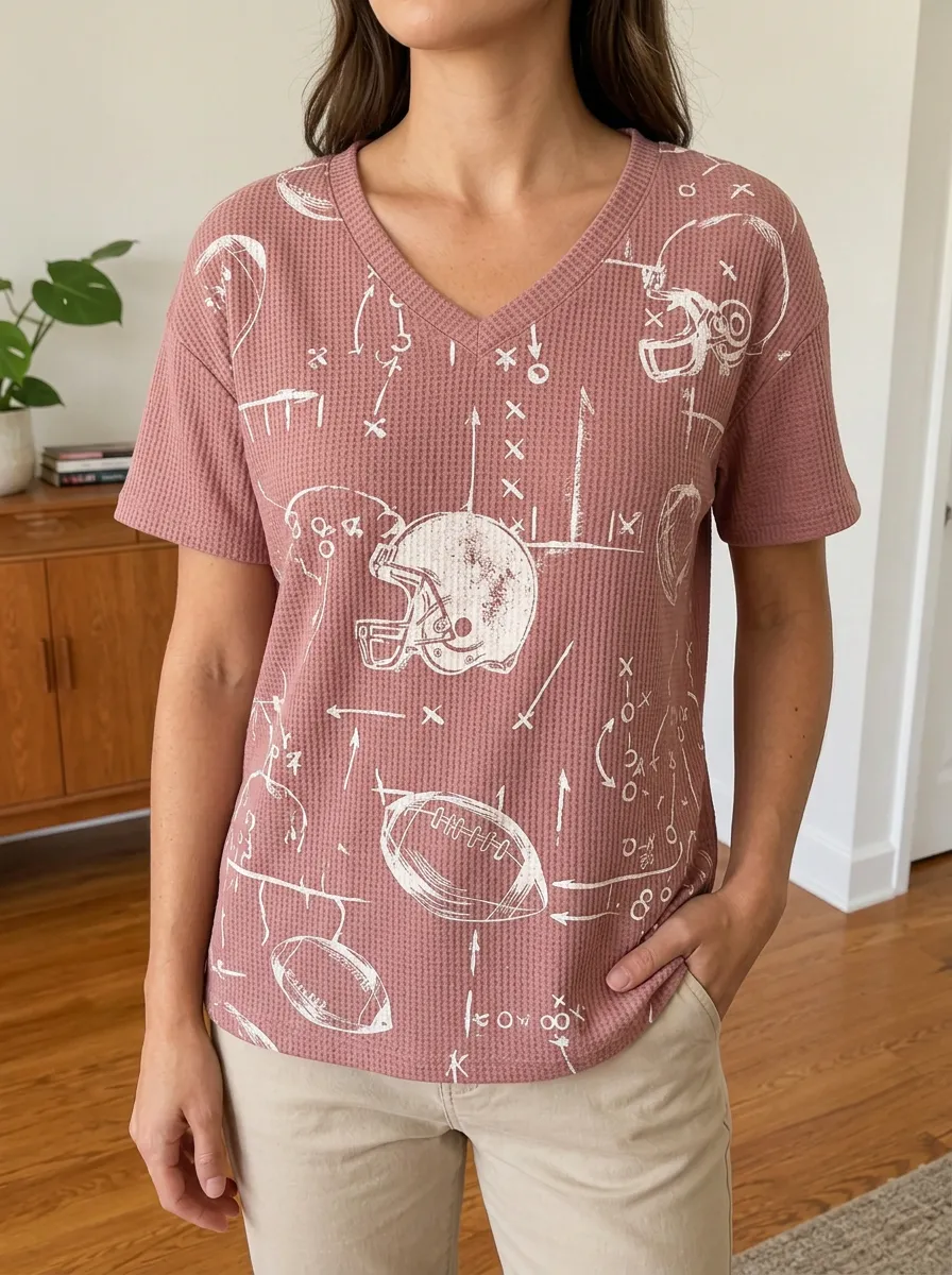 Women's Heritage Football Fan Playbook Helmet Printed Waffle Knit Top