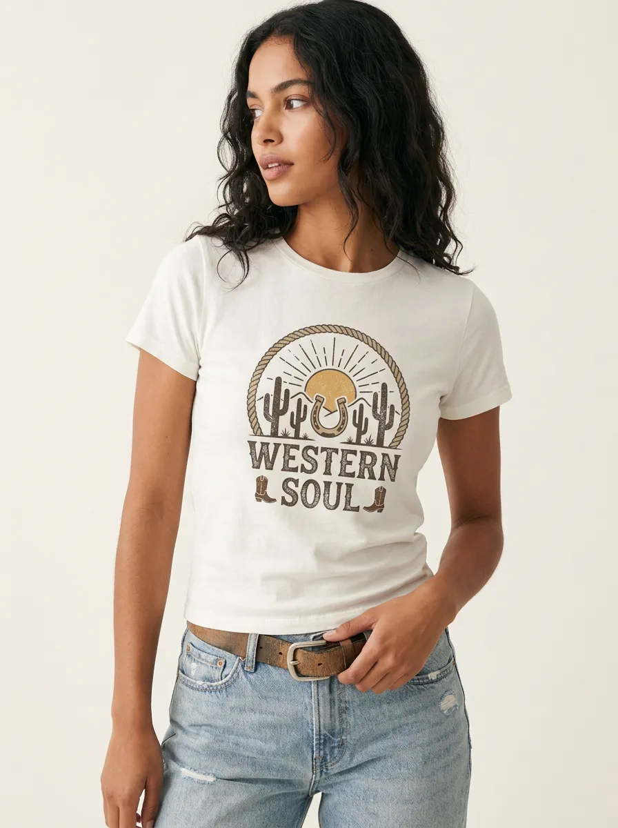 Women's Western Soul Cactus Horseshoe Printed T-shirt